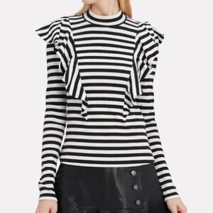 Veronica Beard Jeans Womens XS Black White Striped Ruffle Ribbed Long Sleeve Top